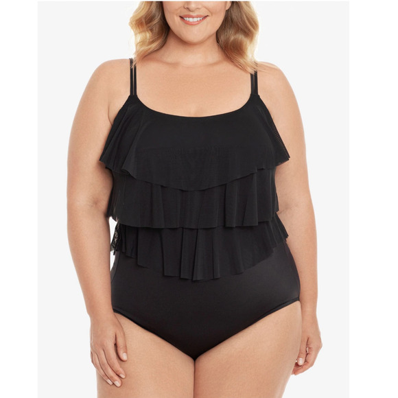 SWIM SOLUTIONS Black Ruffled Full Coverage One Piece Swimsuit 26W 26 - Picture 2 of 6
